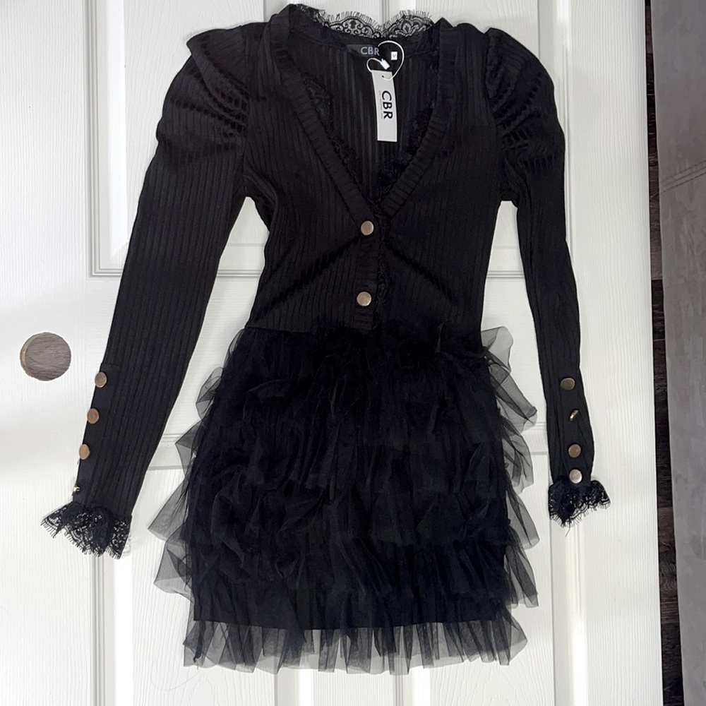 Black low V cut fake gold buttons with lace cocktail dress SIZE WOMENS SMALL